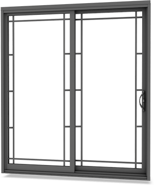 Dark steel coloured patio door with matching contour grille and locking mortise handle