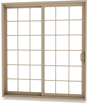 Tan-coloured patio door with matching full rectangular grille