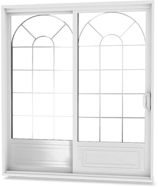 White patio door with V-groove low-E arched glass design and embossed garden door panels