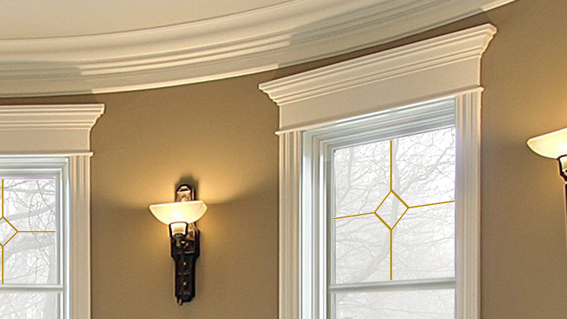 Specialty casing and trim on a living room window.