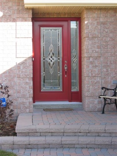 red steel entry door with side window