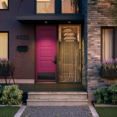 An uber-modern fuschia door with bottom glass insert