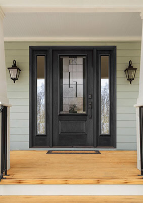 Black entry door with modern glass insert and full double sidelites