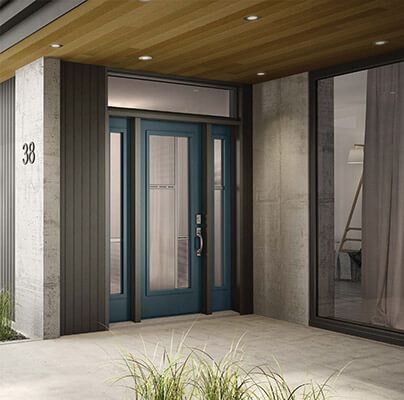 Wooden residential door with three-panelled glass insert