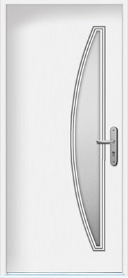 Modern door with modified vertical half moon glass insert