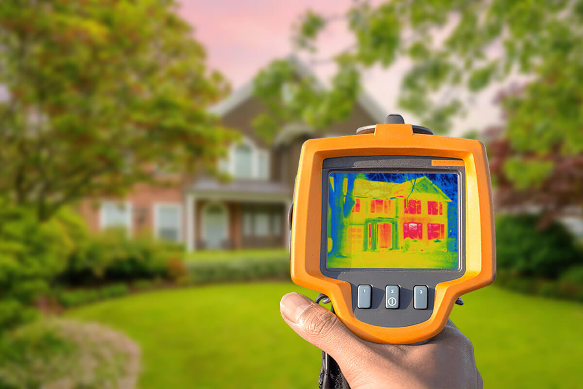 A person holding a heat sensing device up to a house.