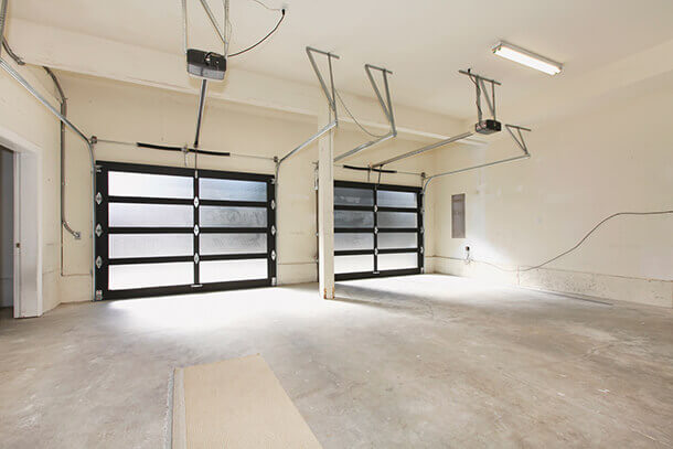 Newly renovated double garage doors from inside of the home.