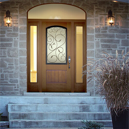 Residential front door with transom and double sidelites