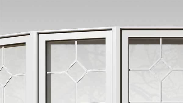 Angled external mullions on a window