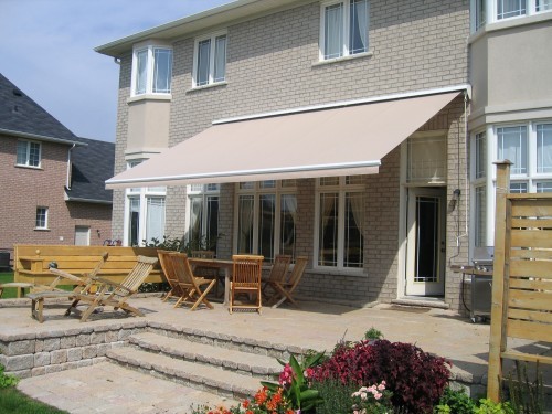 tan awning over patio